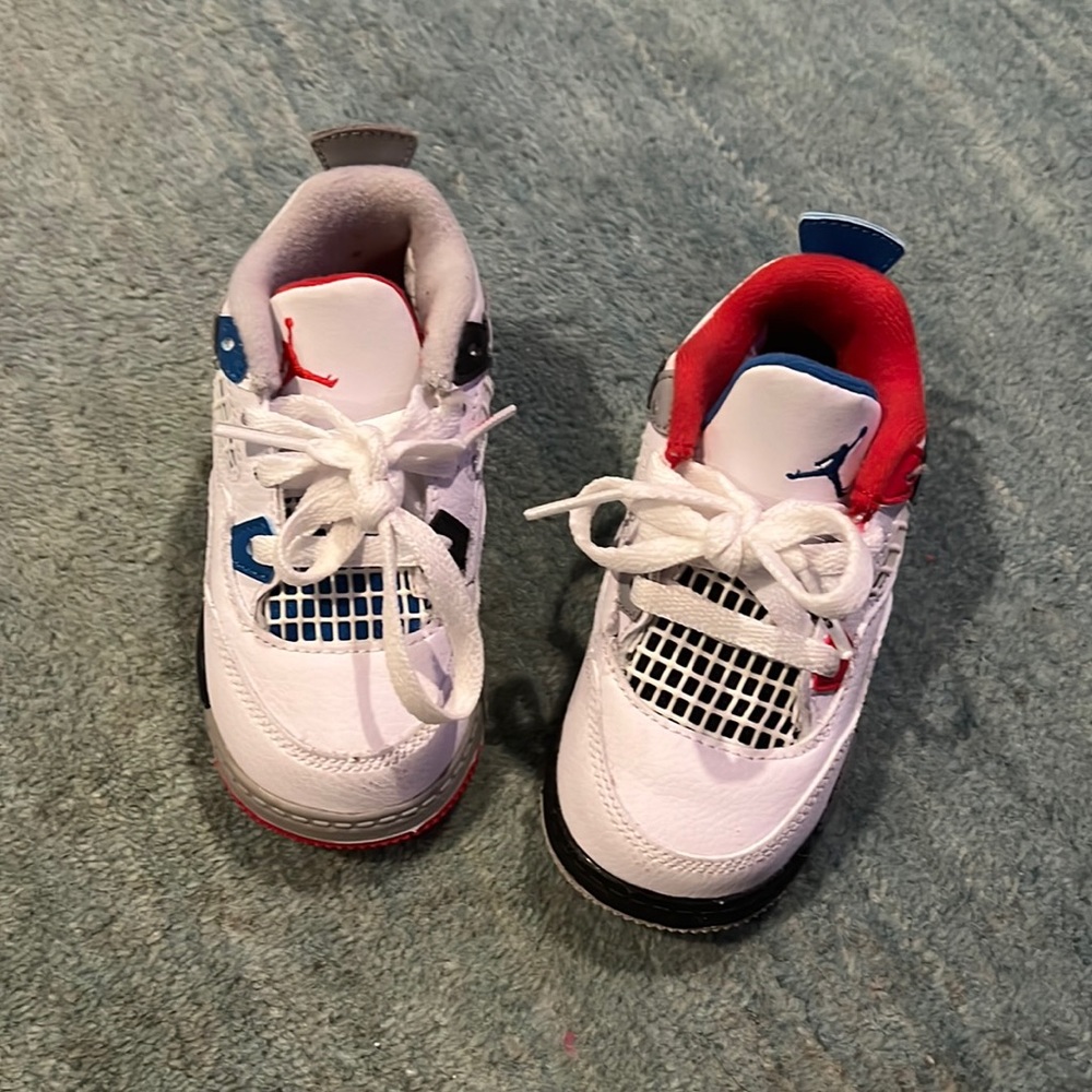 toddler blue, red and white jordan 4 retros